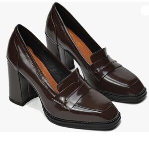 FOWT Dressy High Block Heels Loafers for Women Classical Square Toe Pumps Brown